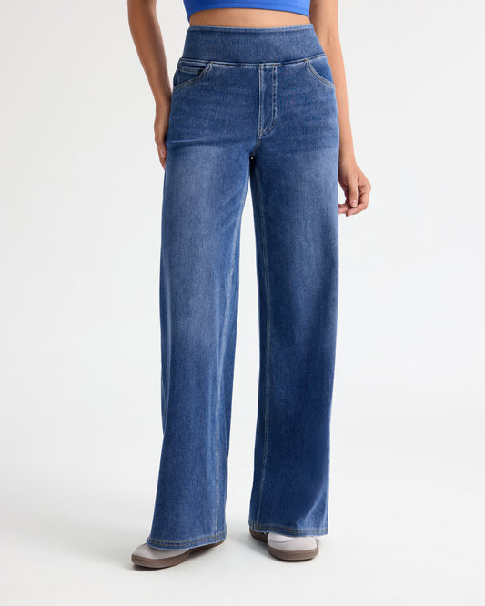 High Waist Pull on Stretch Wide Leg Jeans - Regular