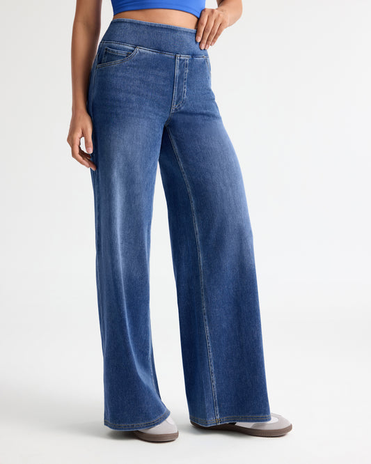 High Waist Pull on Stretch Wide Leg Jeans - Regular