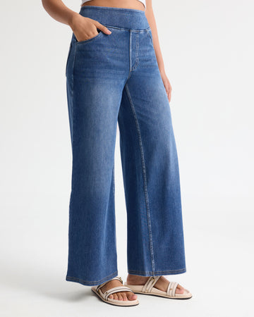 High Waist Pull on Stretch Wide Leg Jeans - Petite