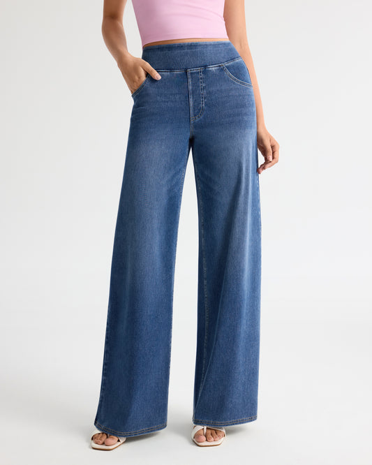 High Waist Pull on Stretch Wide Leg Jeans - Tall