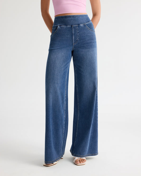 High Waist Pull on Stretch Wide Leg Jeans - Tall